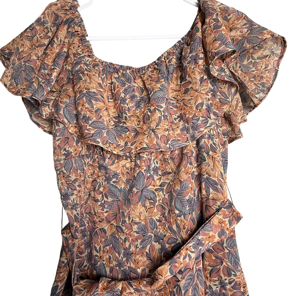 Vintage 70s‎ Samuel Blue Floral Brown Pink Ruffle Midi Dress Cottagecore Boho SM